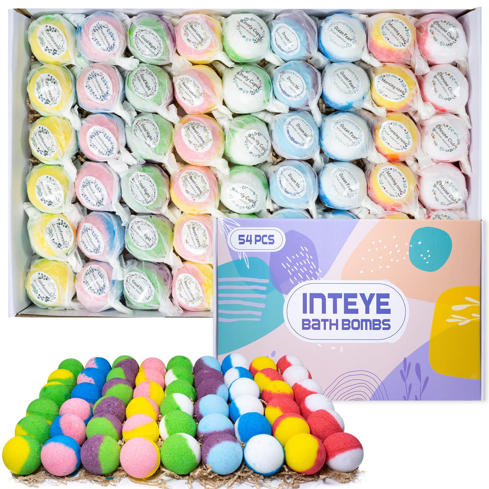 INTEYE 54-piece bath bombs gift set in kraft packaging for gifting and self-care.