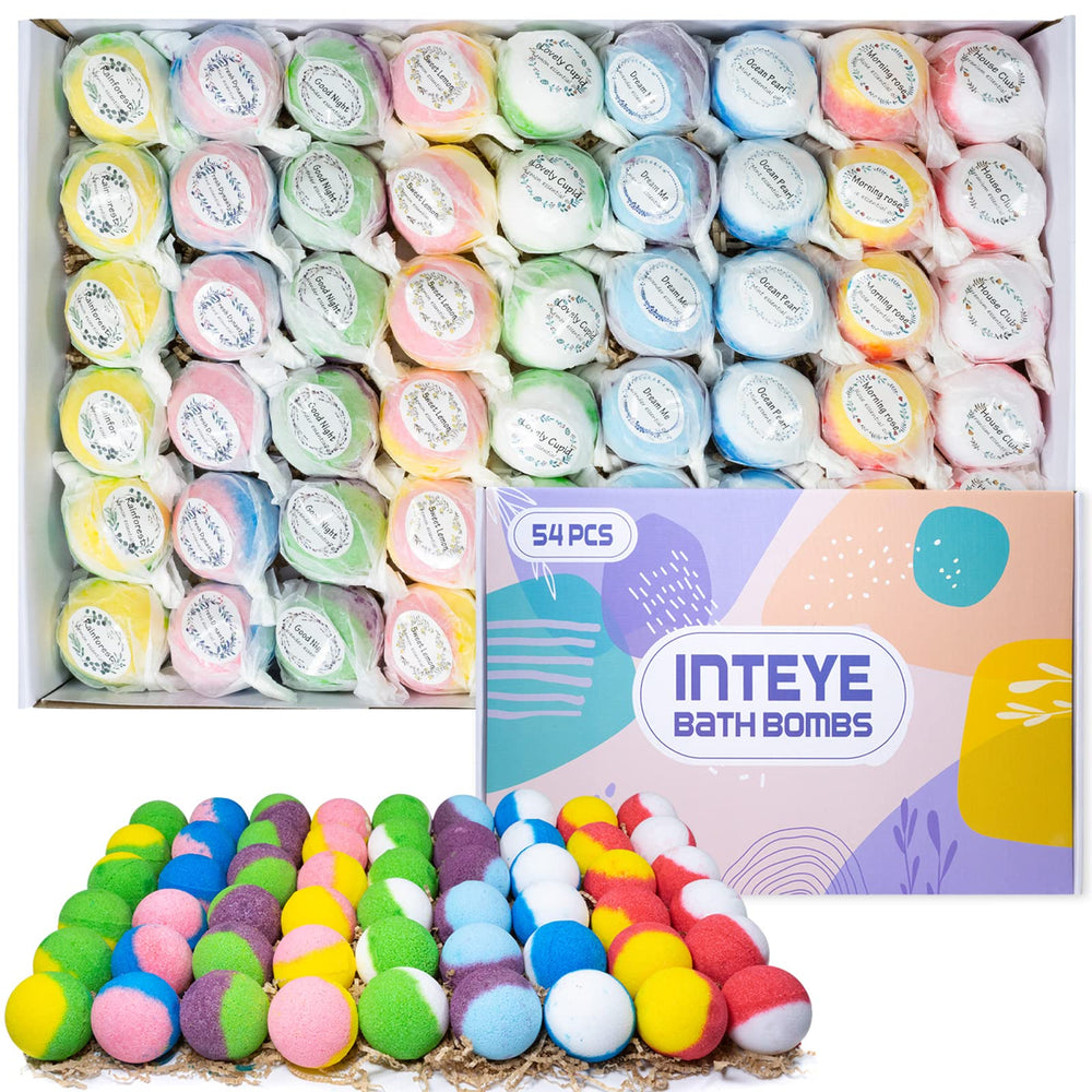 INTEYE 54-piece bath bombs gift set in kraft packaging for gifting and self-care.