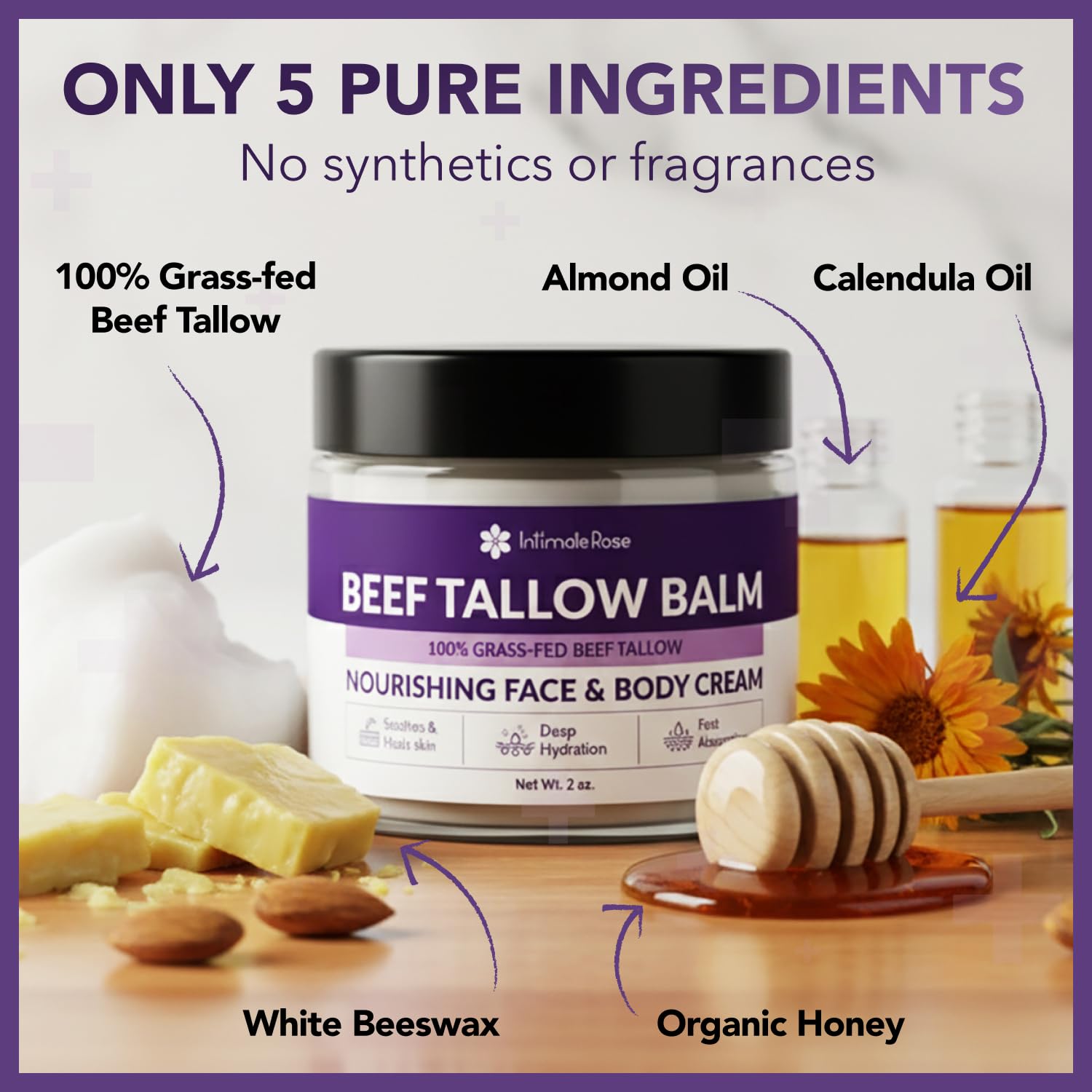 Intimate Rose nourishing tallow honey balm seals hydration.