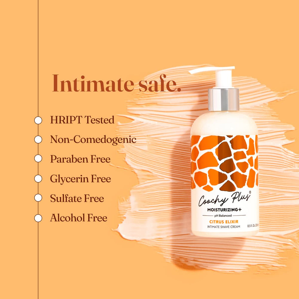 Hands apply Coochy cream for a comfortable bikini line shave.