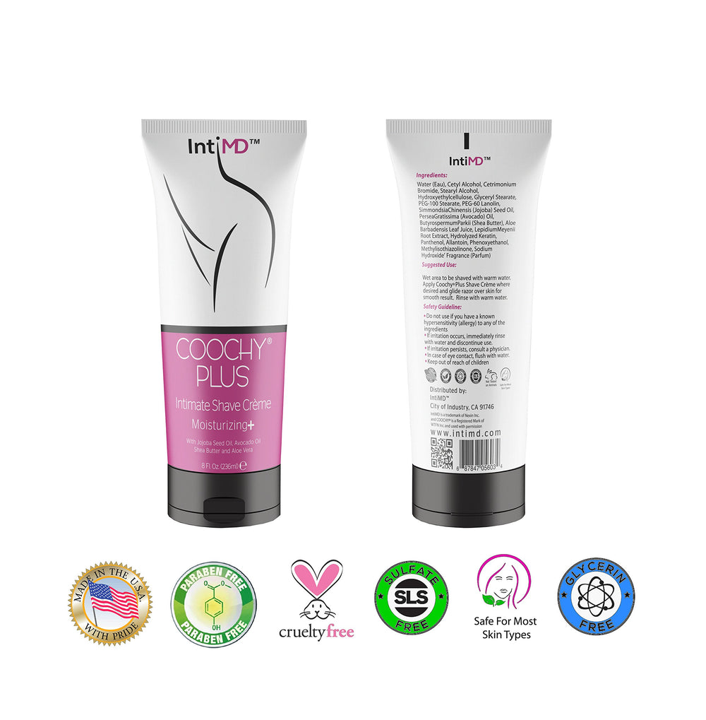 IntiMD COOCHY PLUS cream texture for smoother shave and skin softness.