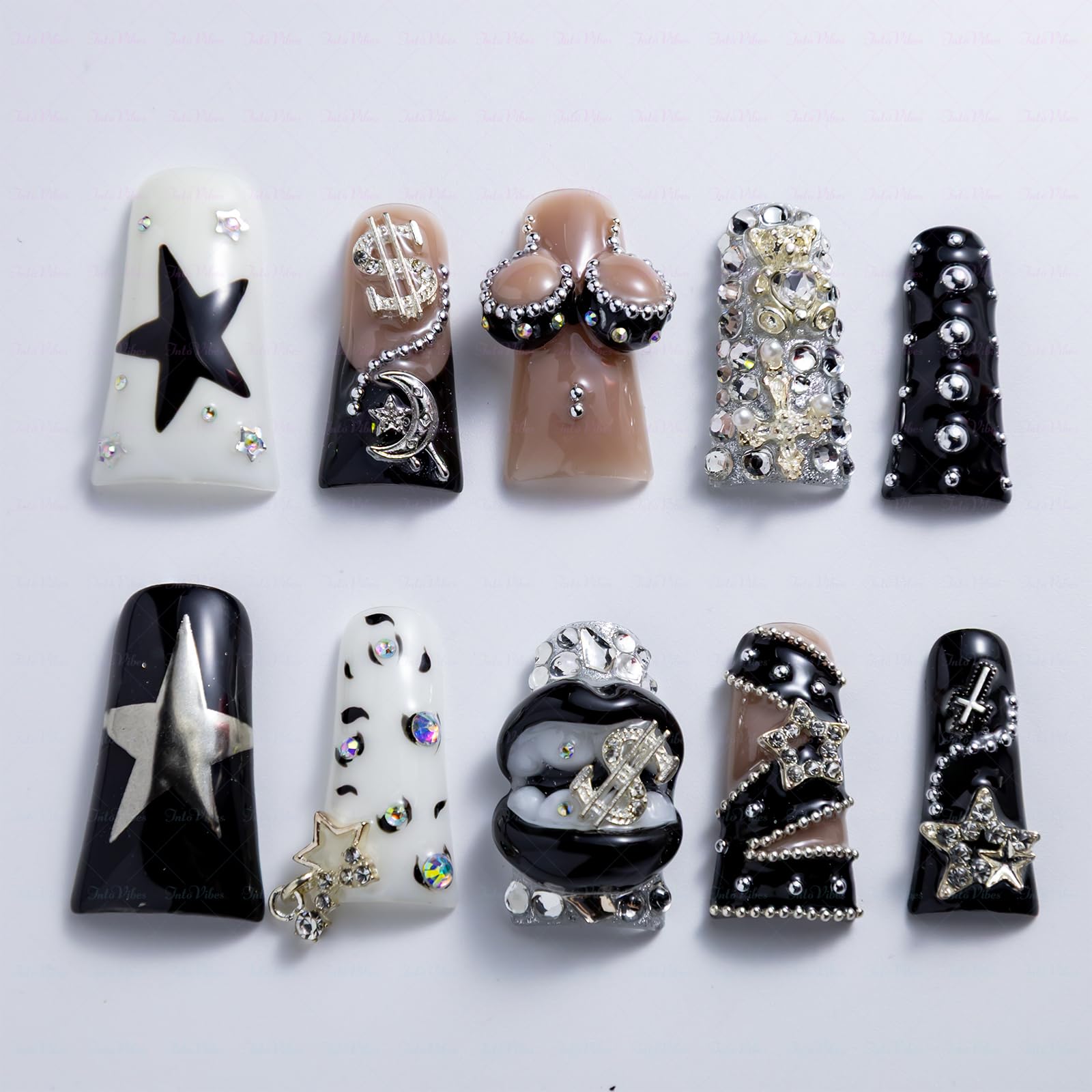 IntoVibes luxury acrylic nails with duck shape, long tips for a bold, fashion-forward look.