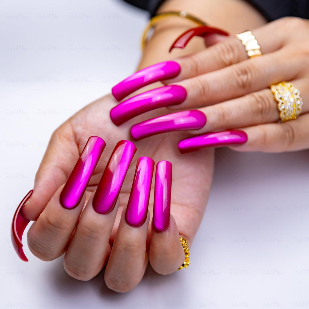 IntoVibes metallic plum long nails with glossy finish for statement style.