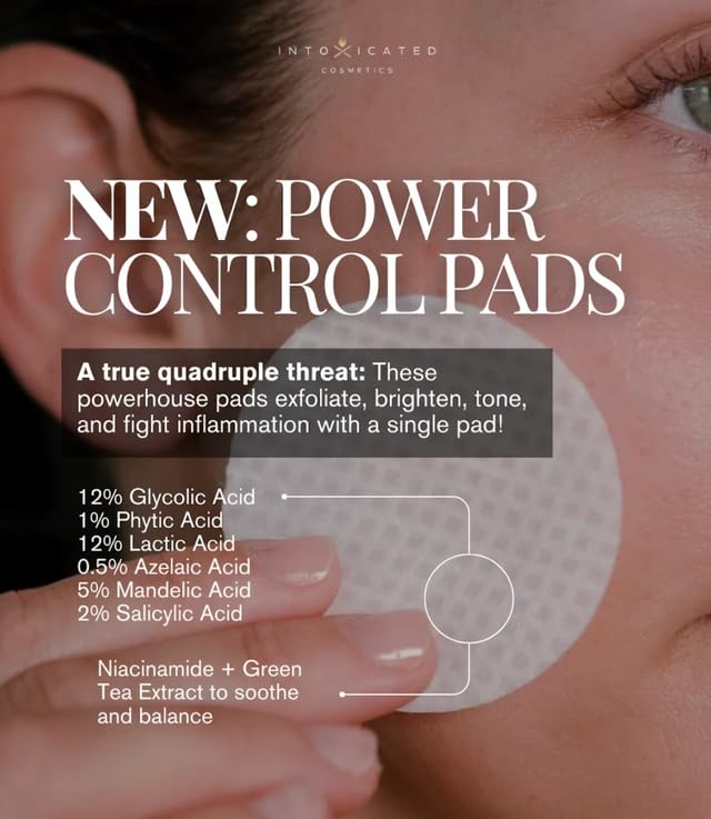 Intoxicated Cosmetics Power Correct Peel Pad packaging box shown on vanity.