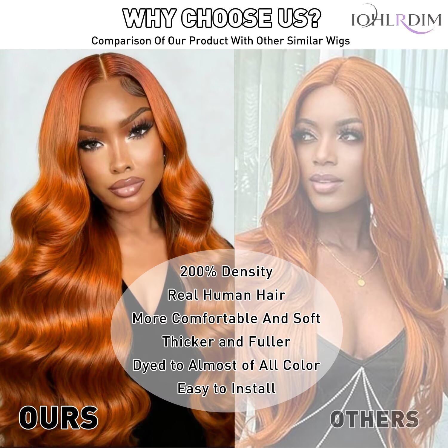 IOHLRDIM Ginger Orange Wig with body-wave styling suitable for daily wear.