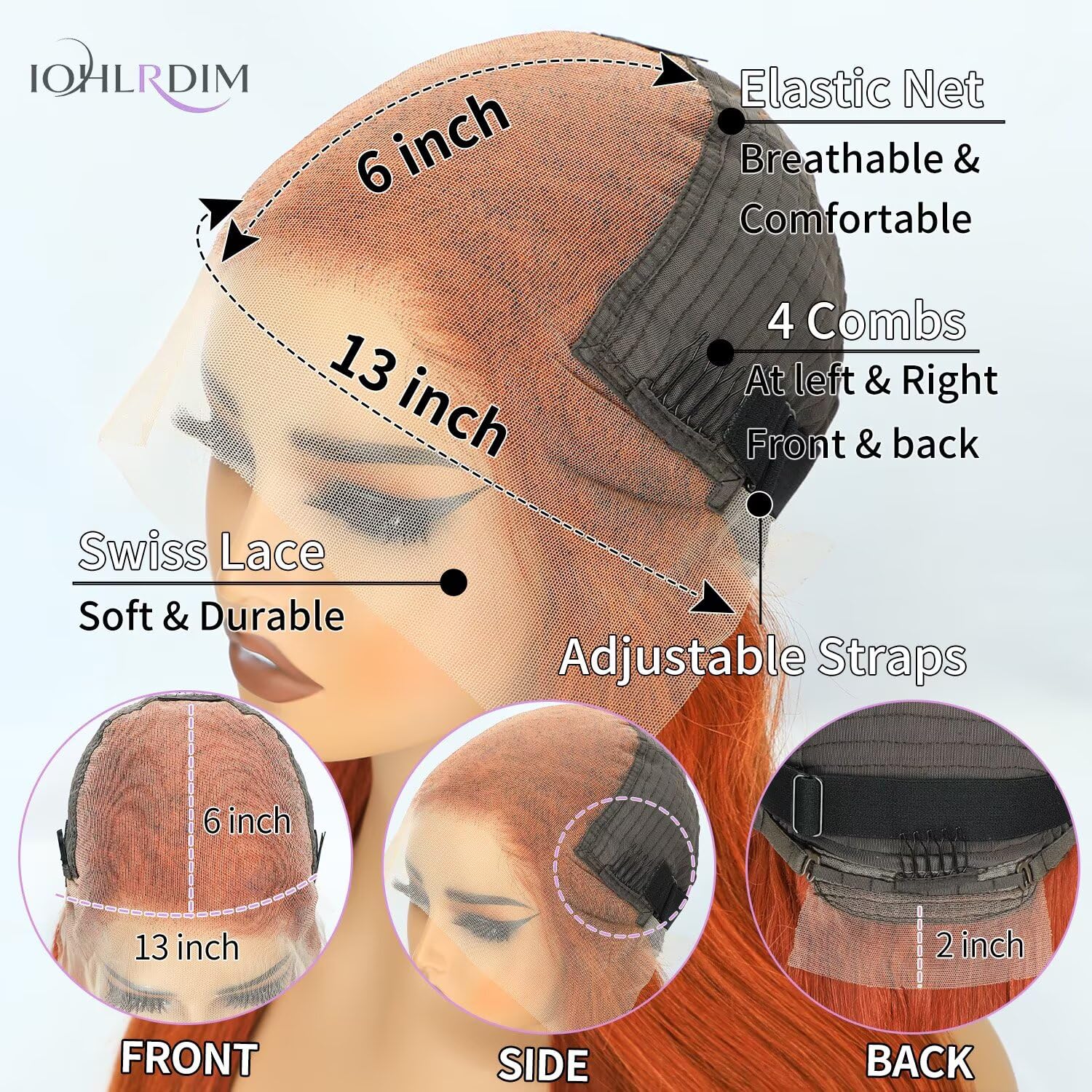 IOHLRDIM Glueless cap construction with adjustable straps for secure fit.