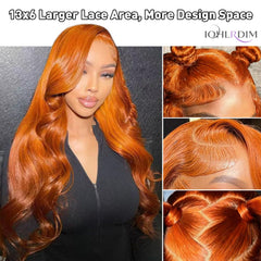 IOHLRDIM Ginger Orange Wig density showcase with 200% fullness and body-wave texture.