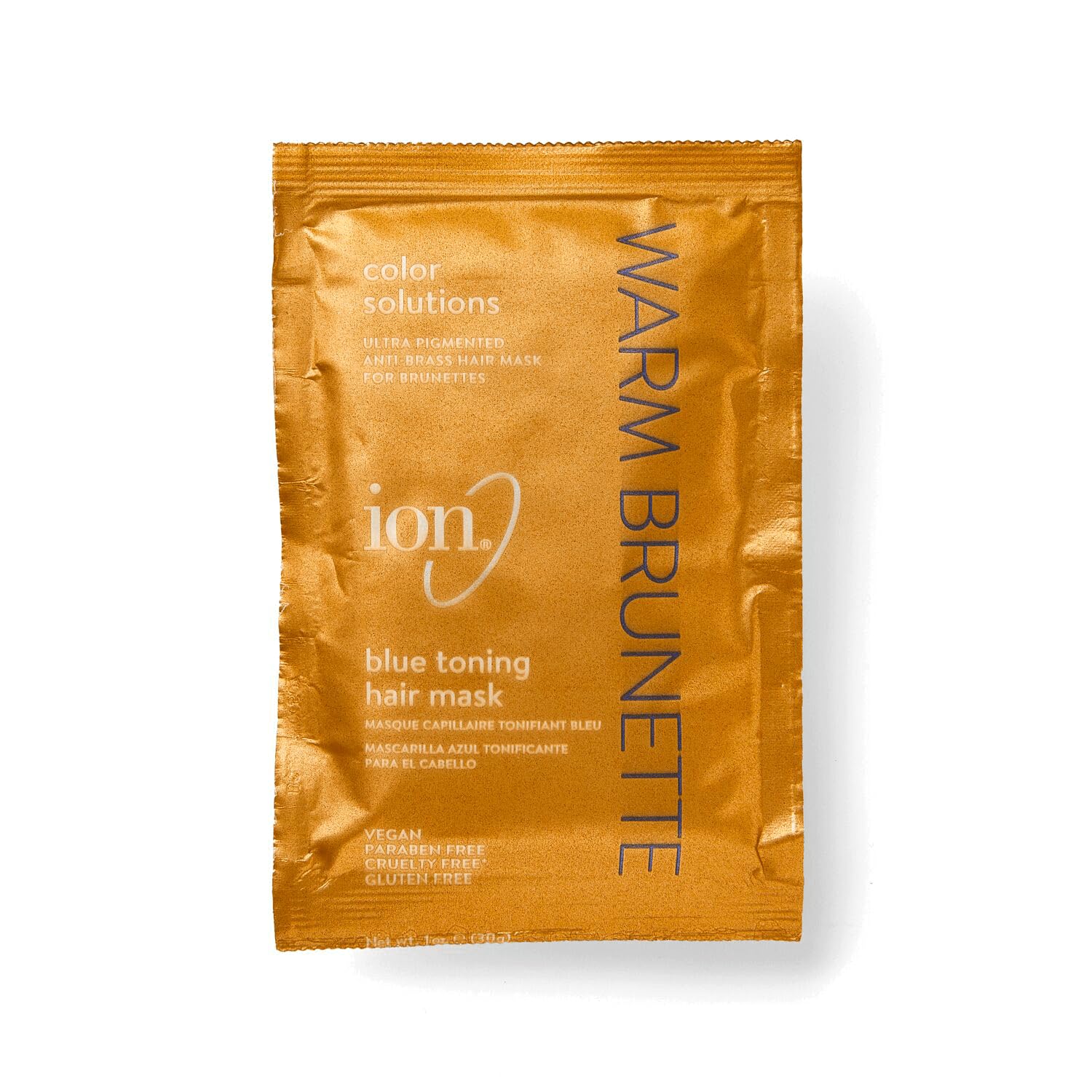 Ion Brunette Blue Toning Mask jar highlighting anti-brass for brunette hair.