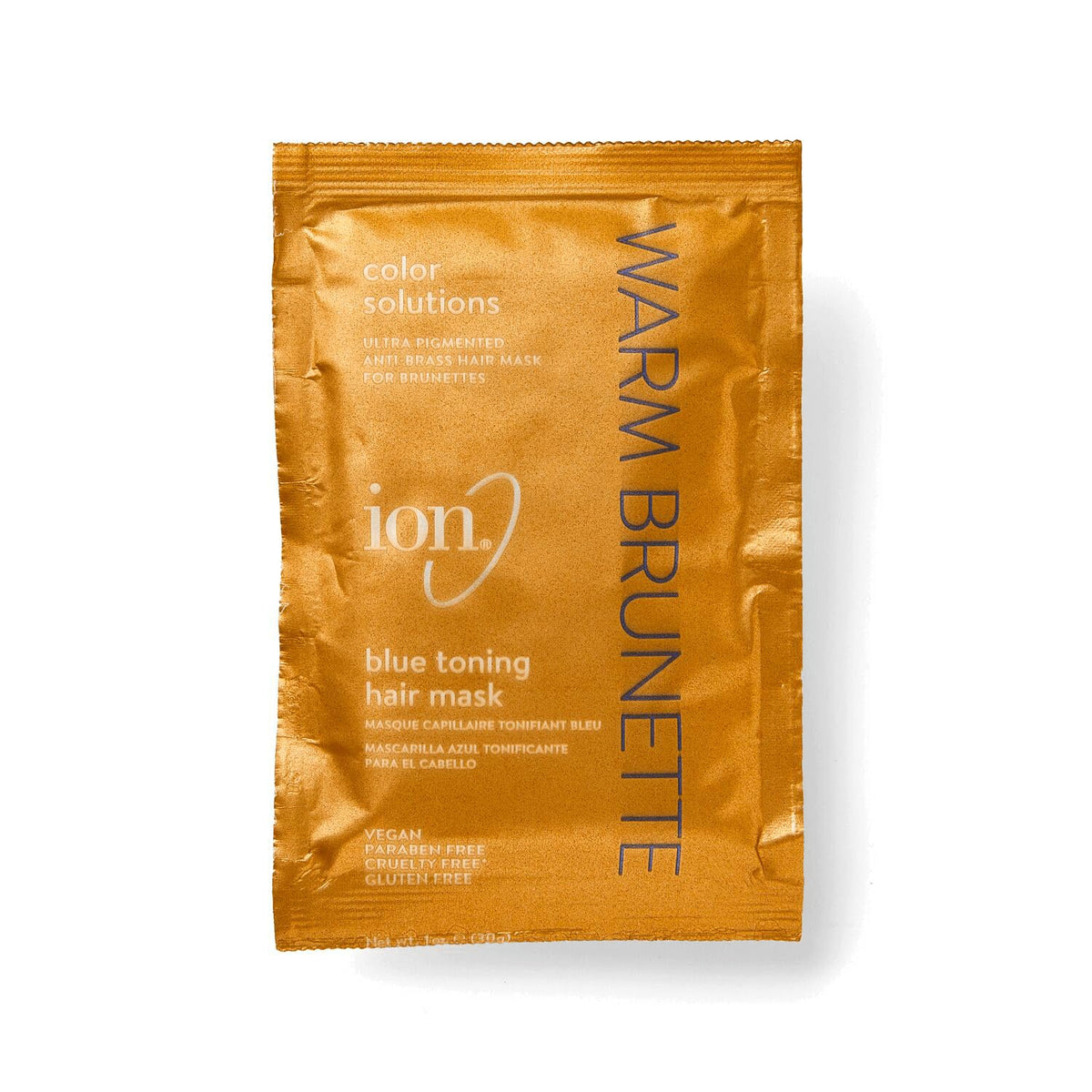 Ion Brunette Blue Toning Mask jar highlighting anti-brass for brunette hair.