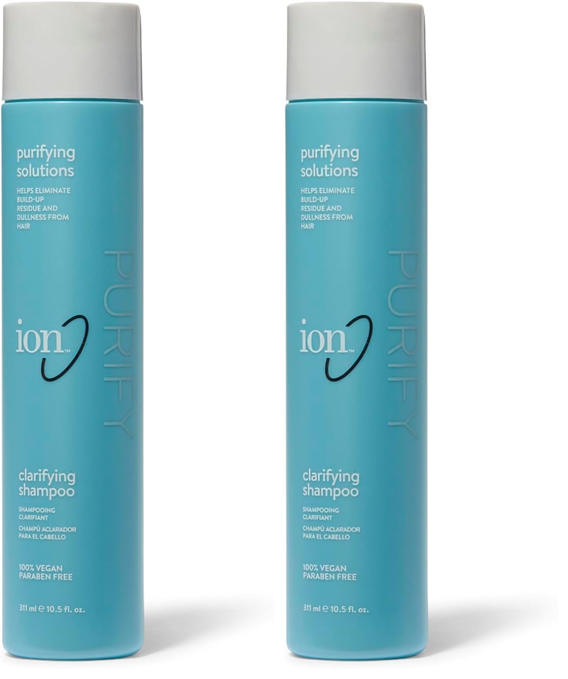 Ion Clarifying Shampoo bottle demonstrates cleansing power to remove buildup safely.