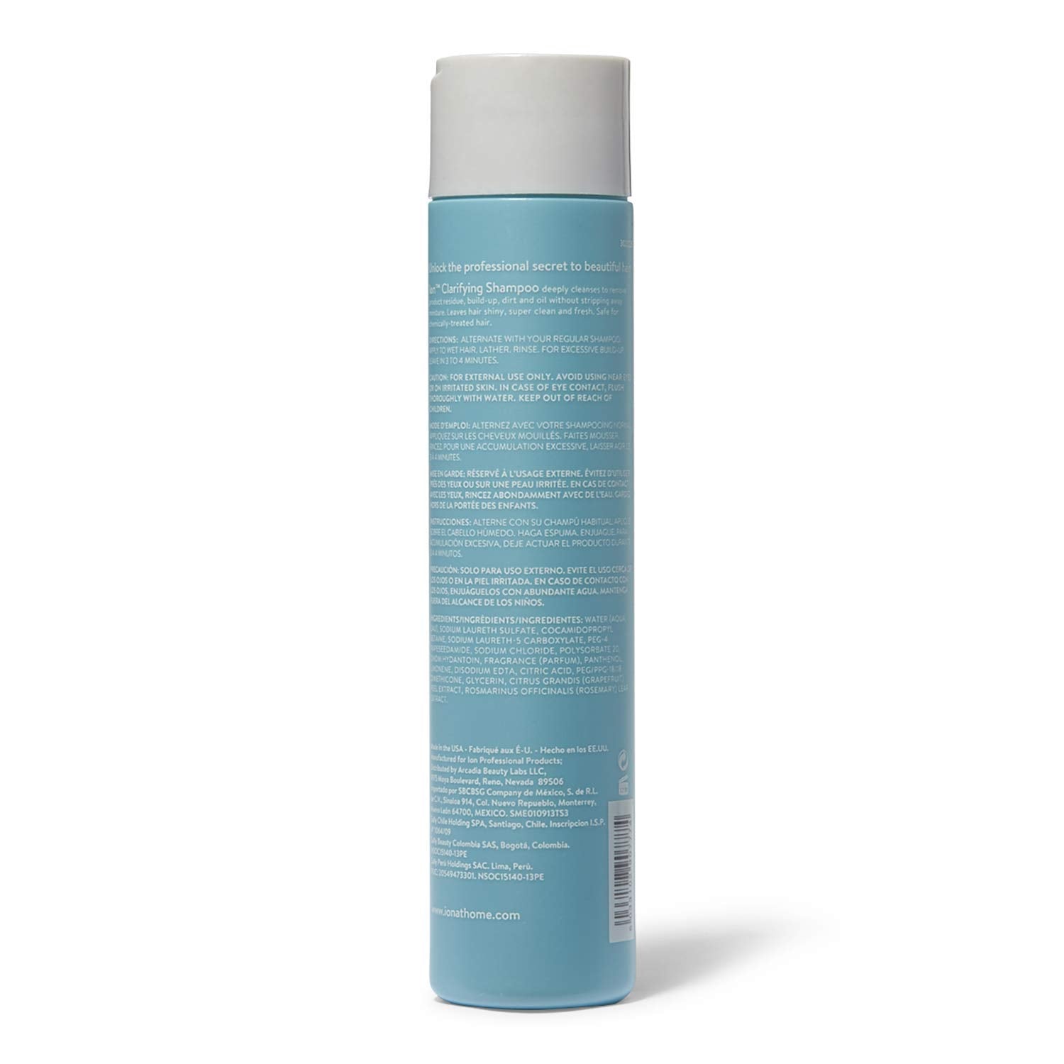 Ion Clarifying Shampoo pack-2 highlights value and vegan formula for chemically treated hair.