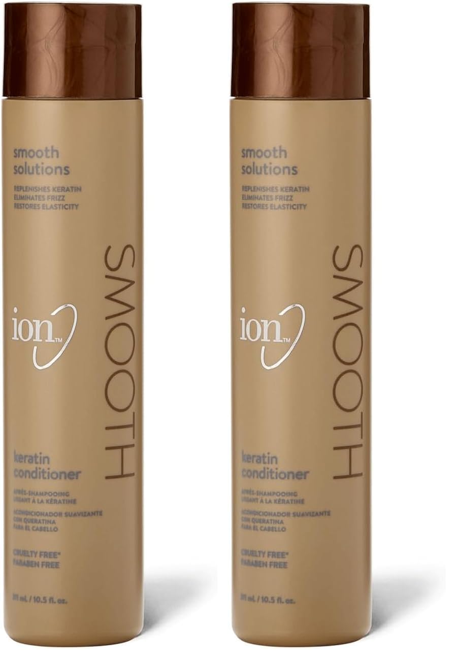 Ion Keratin Smoothing Conditioner bottle pour showing sulfate-free frizz control