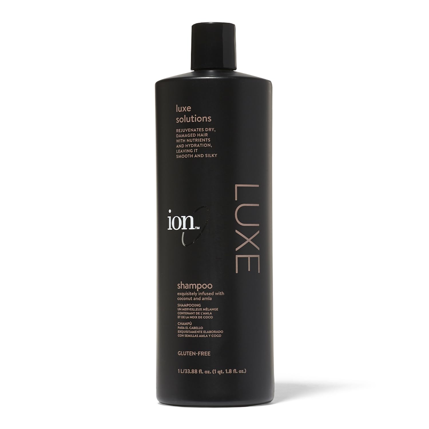 Ion Luxe Shampoo bottle close-up showing premium oil blend.