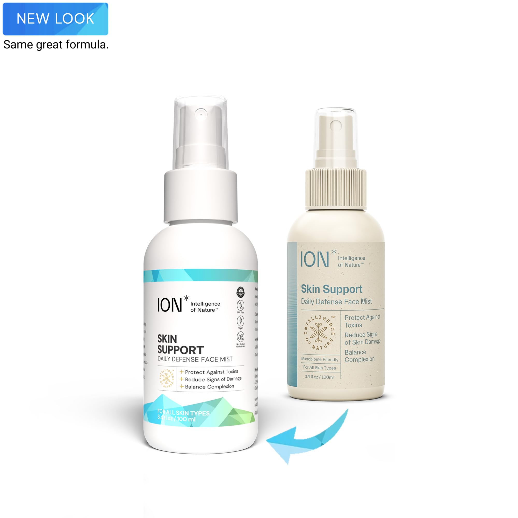 ION Skin Support face mist being applied to skin for instant cooling and refreshment.