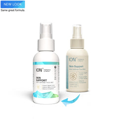 ION Skin Support face mist being applied to skin for instant cooling and refreshment.