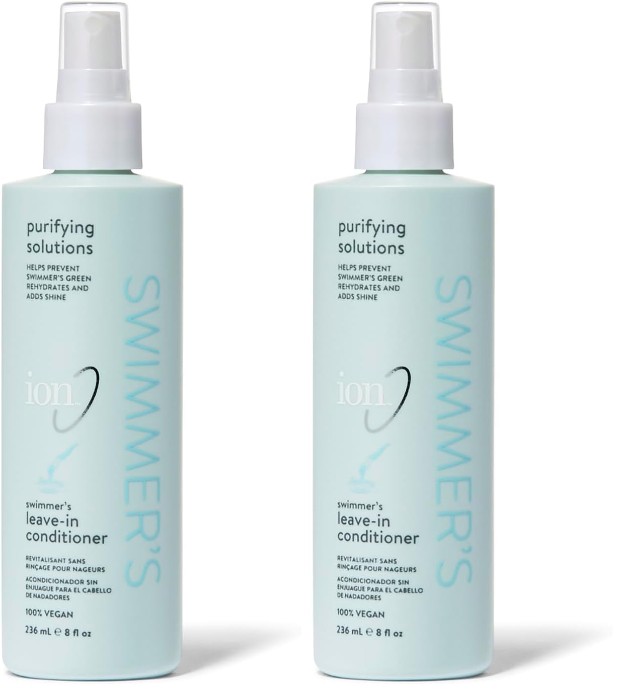 Ion Swimmers Leave-in Conditioner bottle demonstrates sun and water protection for hair.