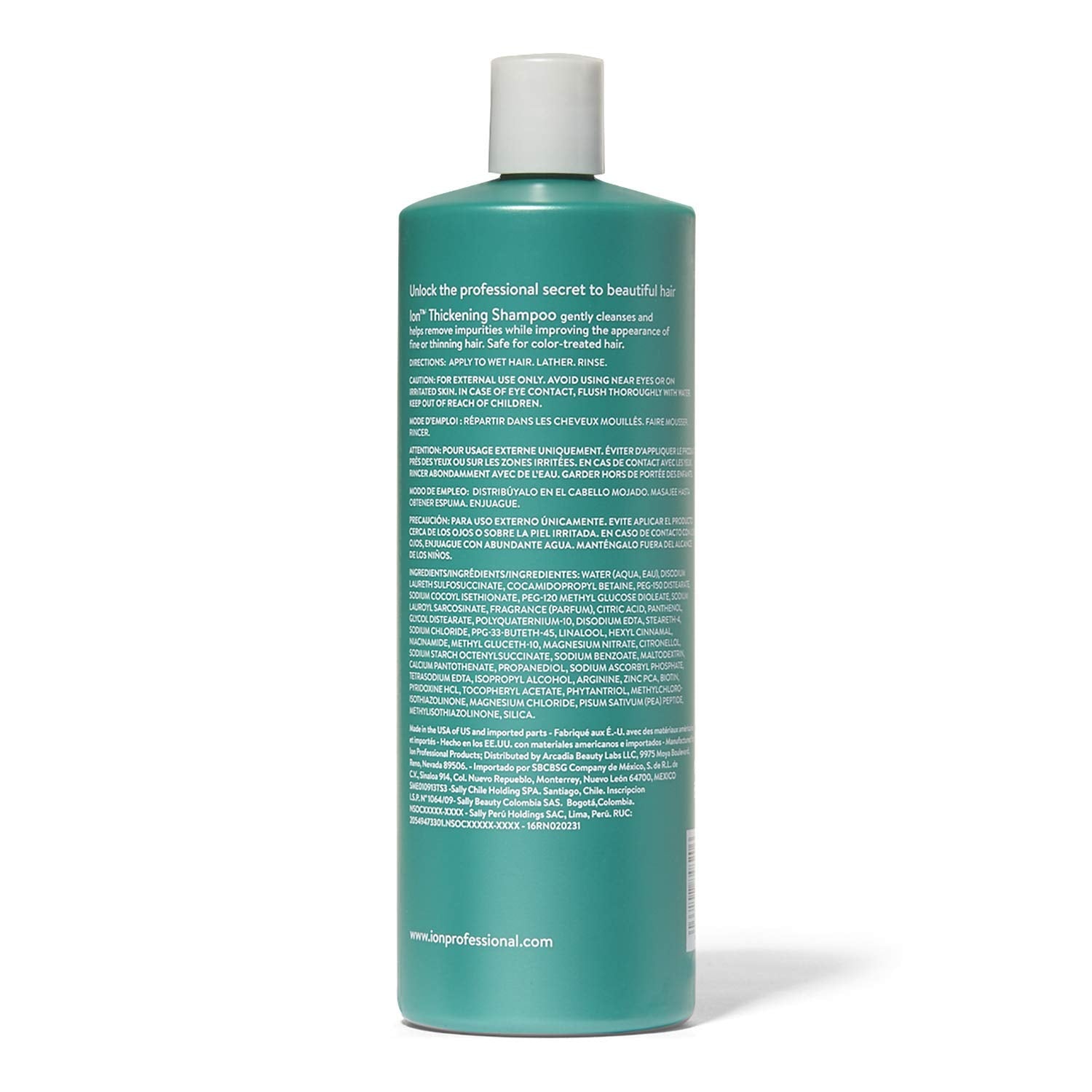 Ion Thickening Shampoo bottle pour, suggesting a rich lather for fine hair.