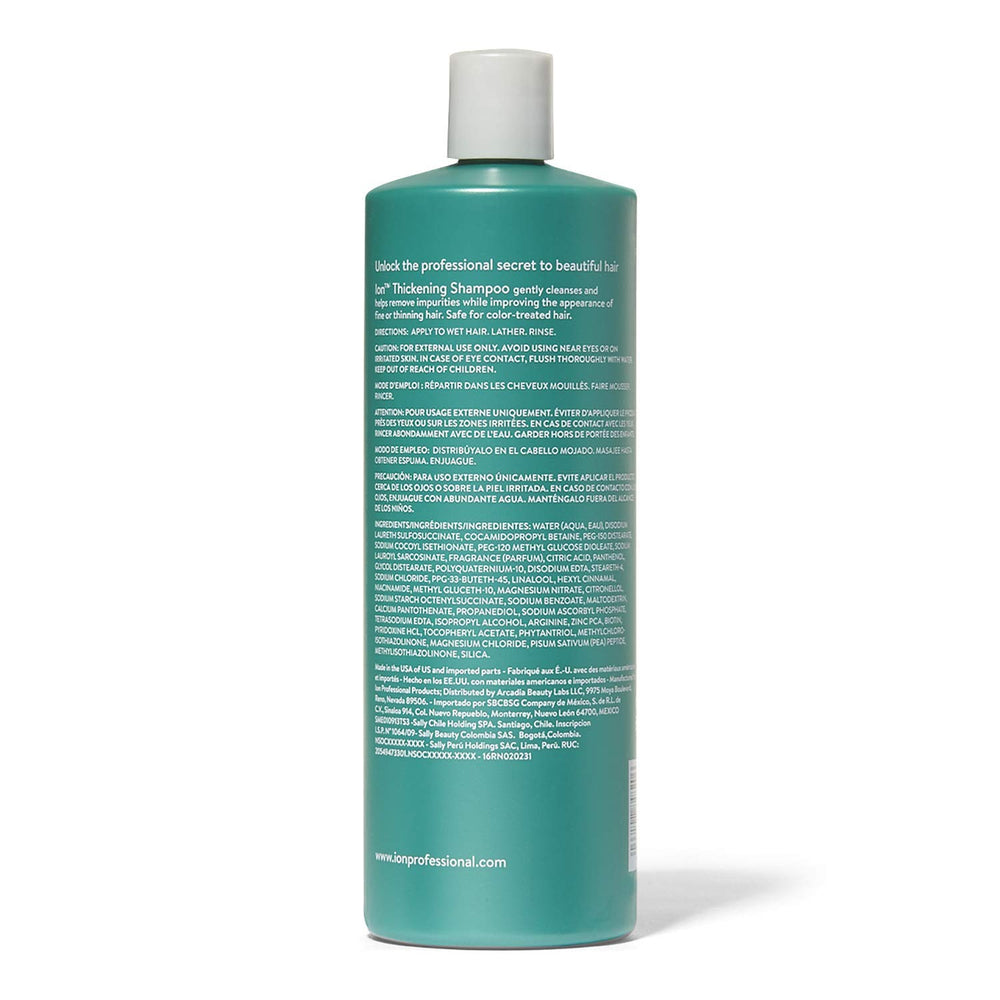 Ion Thickening Shampoo bottle pour, suggesting a rich lather for fine hair.