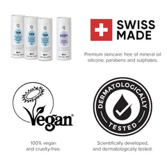 IONIQ Skincare TAN cartridge application guide illustrates even spray technique.