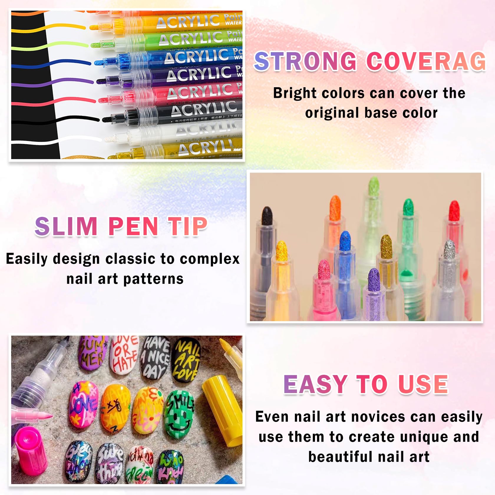 IONSGAKO quick-dry, waterproof nail pens for long-lasting DIY nail art at home.