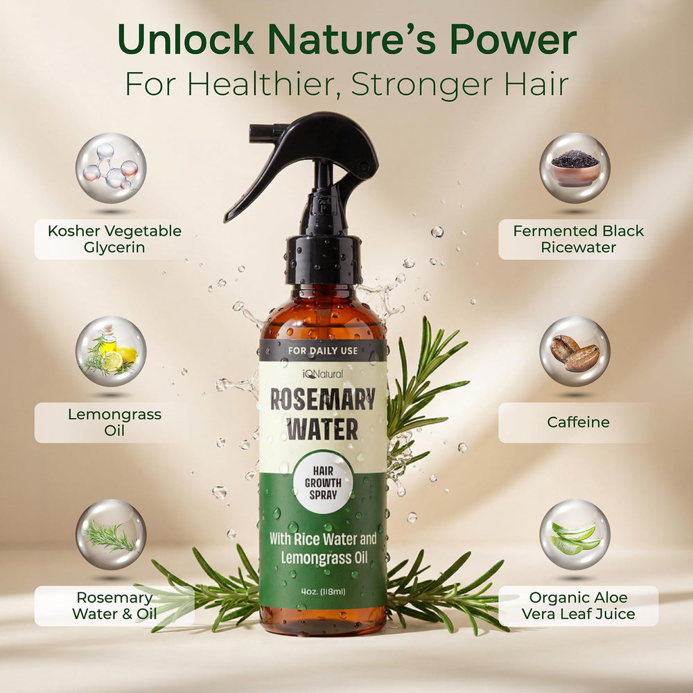 IQNATURAL rosemary water spray mist application showing even scalp mist for nourishment