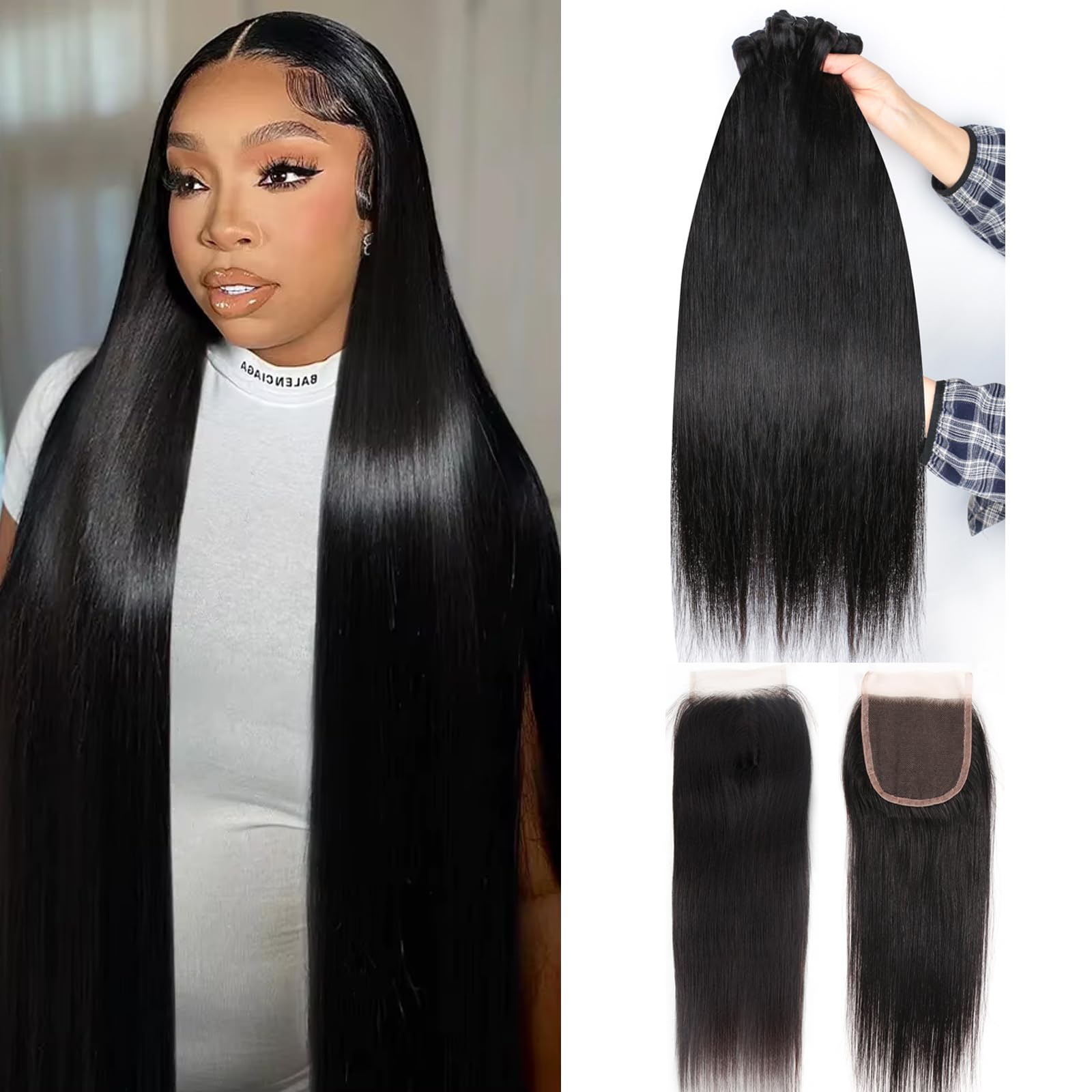 IQOMOQ 16A Brazilian straight bundles with closure show natural density and silky texture.