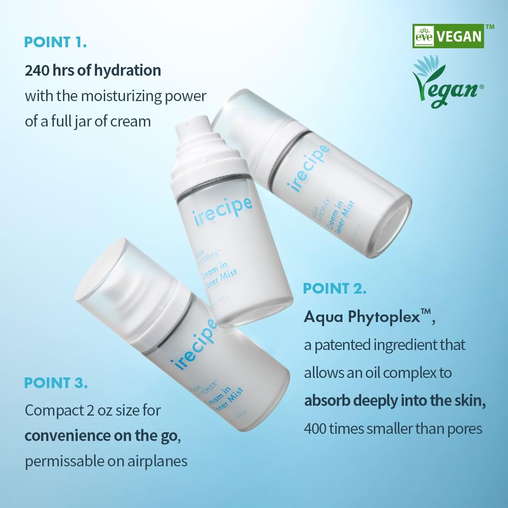 IRECIPE Aqua Phytoplex mist applied on the face for even hydration throughout the day