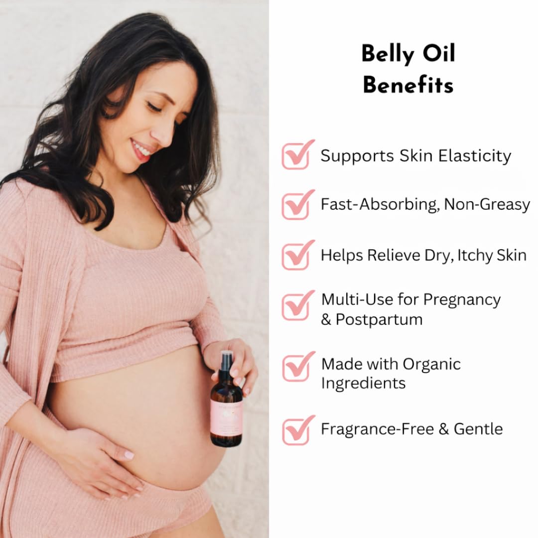 Irene Organics Belly Oil application shows fast absorption for itch relief.