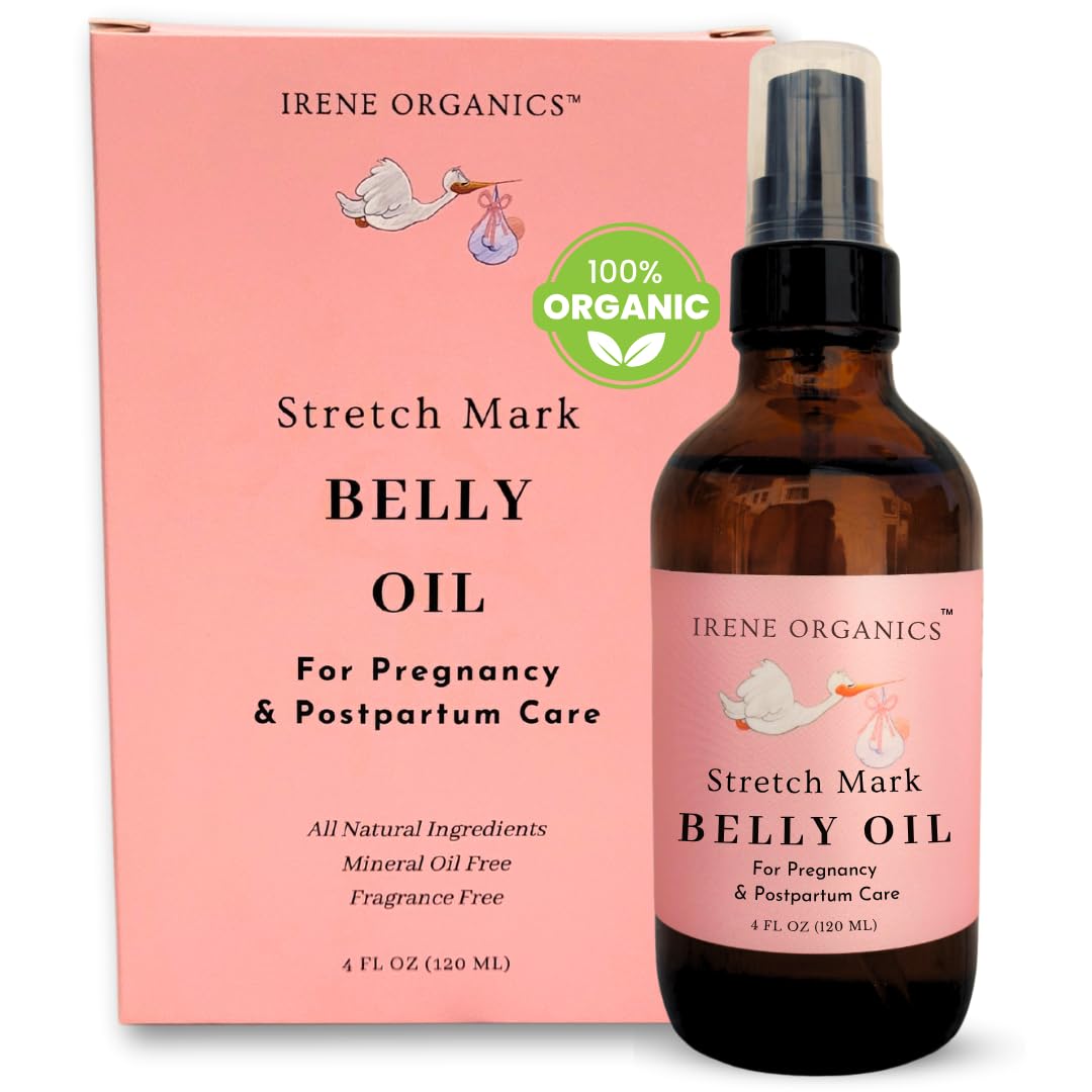 Irene Organics Belly Oil bottle demonstrating lightweight hydration for pregnancy skin.