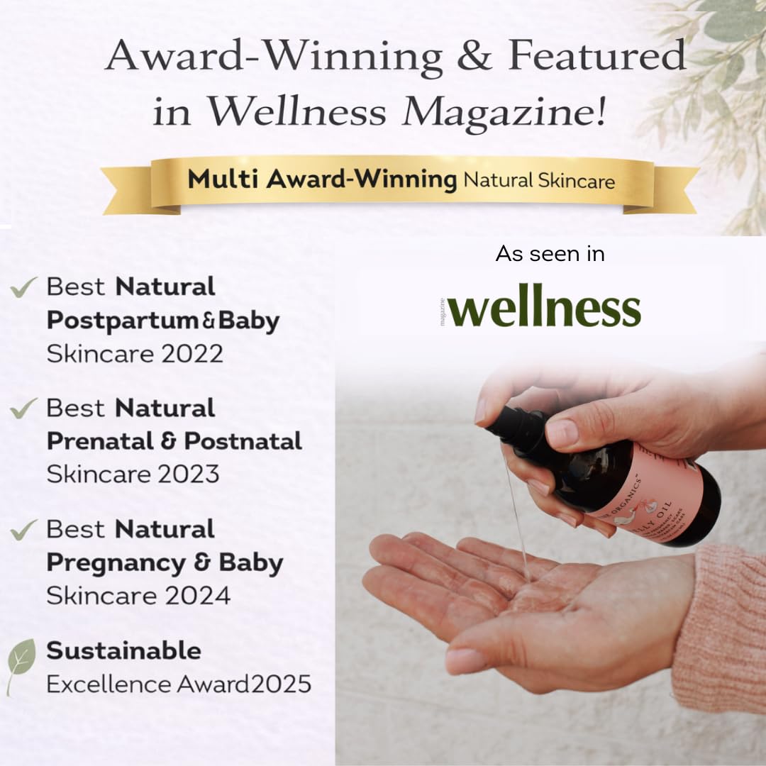 Irene Organics Belly Oil postpartum care for stretching skin.