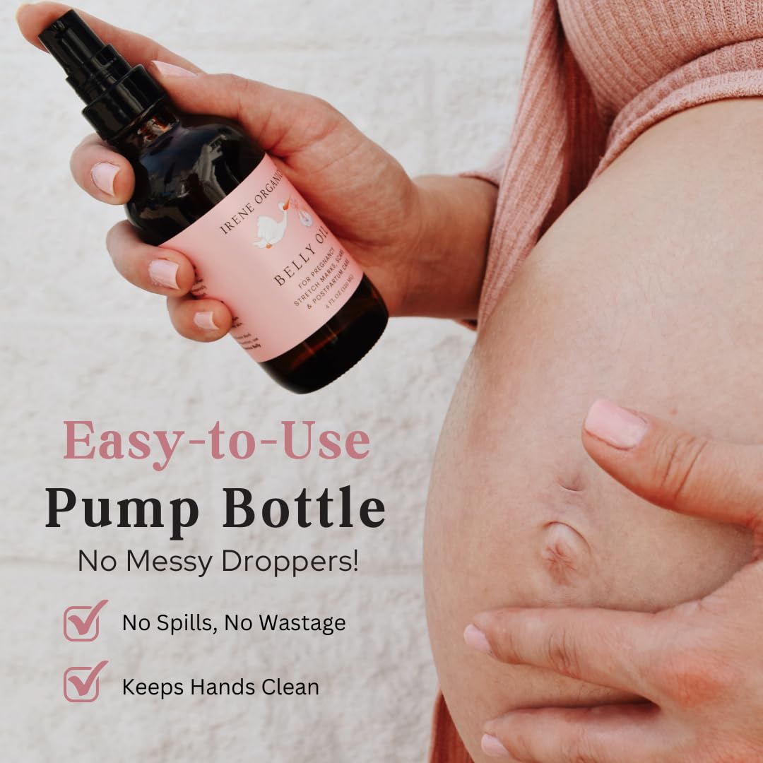 Irene Organics Belly Oil used in pregnancy care to help with skin elasticity.