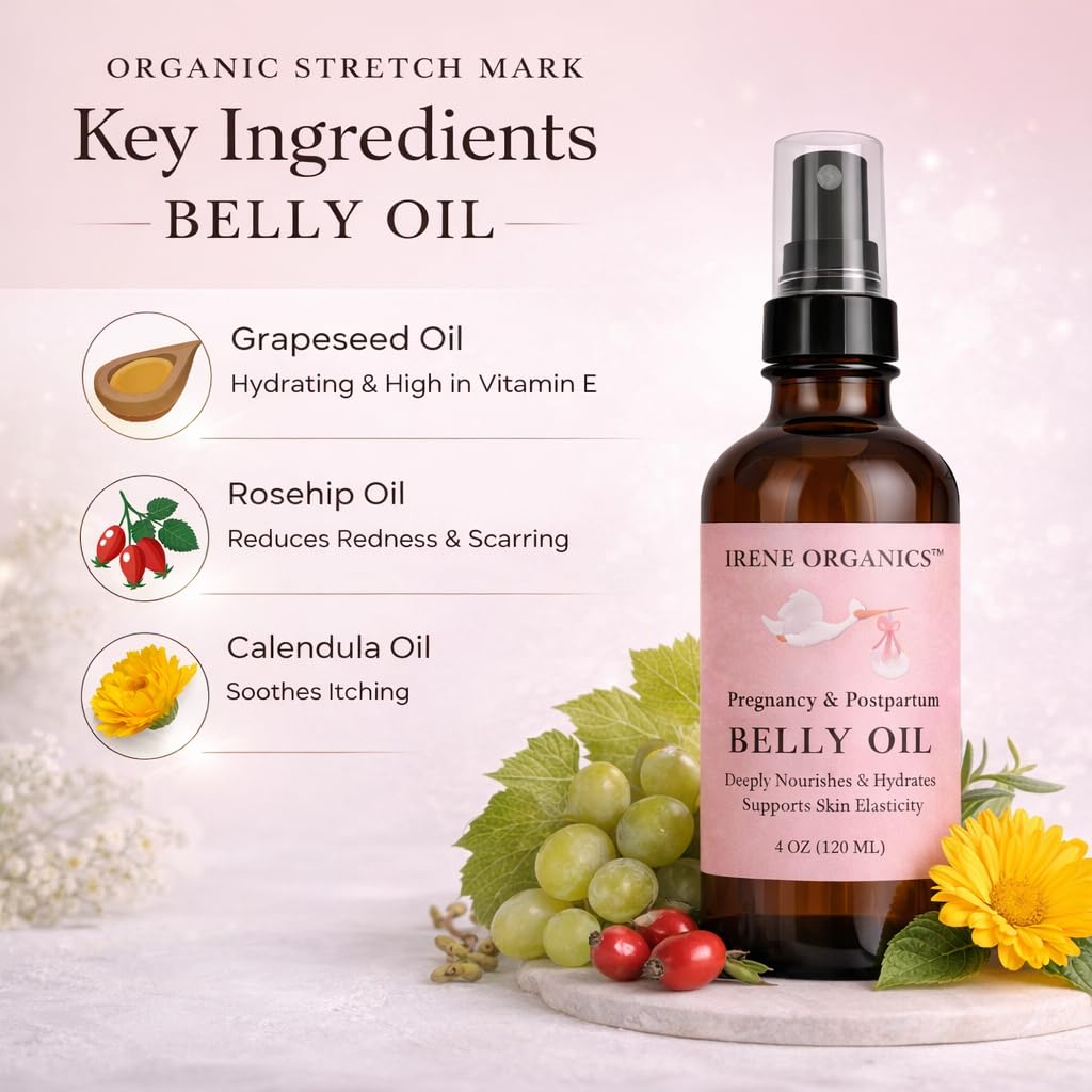 Irene Organics Belly Oil unscented, safe for sensitive skin during pregnancy.