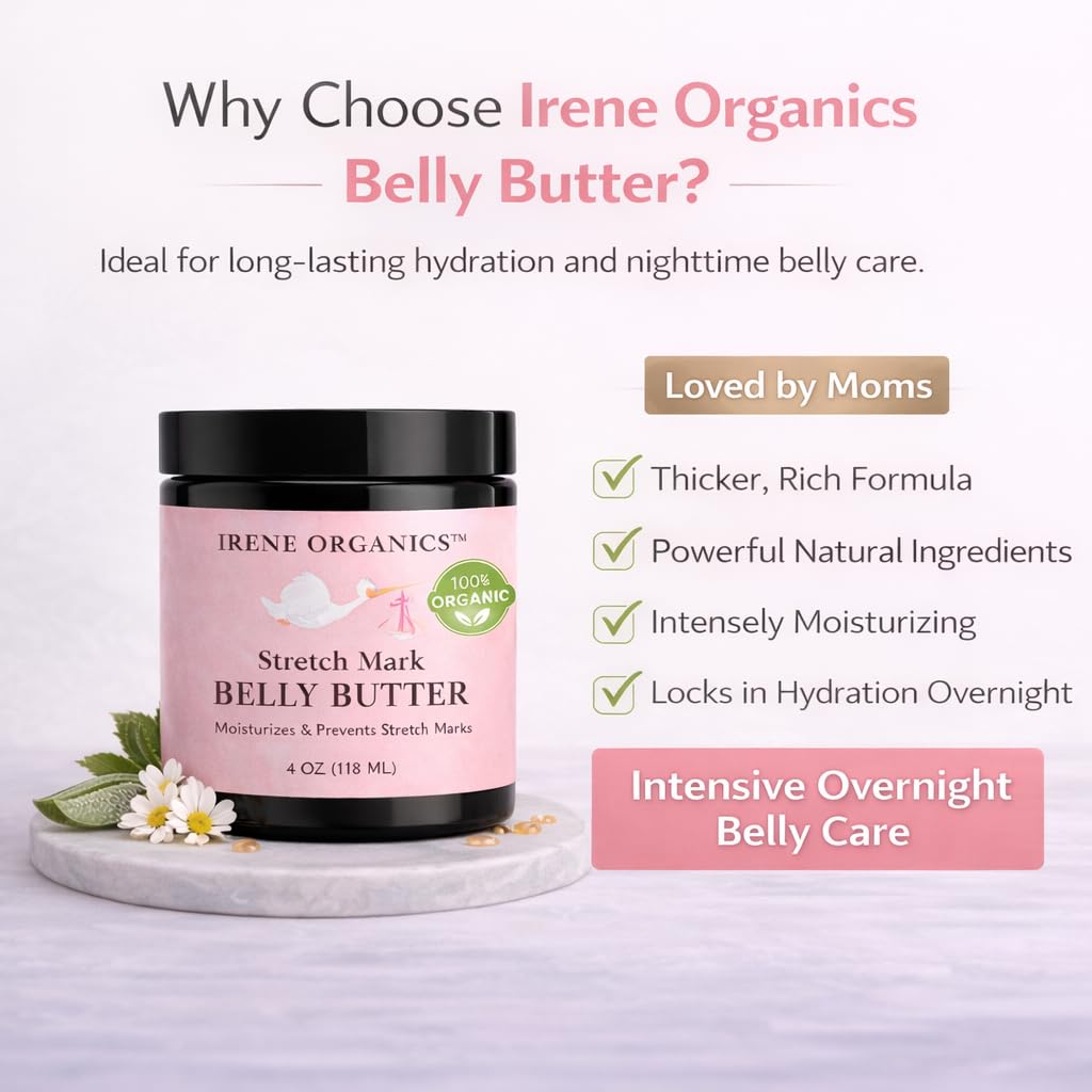 Irene Organics Belly Butter being massaged onto a growing belly for daily hydration
