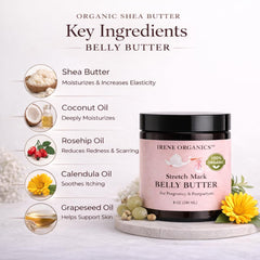 Irene Organics Belly Butter ingredients highlight calendula, shea butter, and organic oils