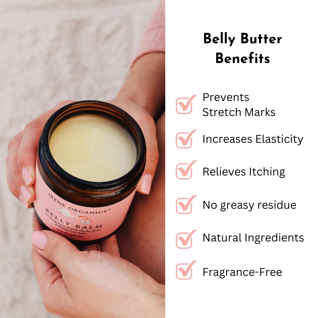 Irene Organics Belly Butter jar back label shows ingredients and fragrance-free formula