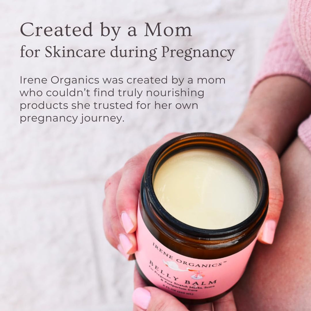Irene Organics belly care routine showing daily massage gesture