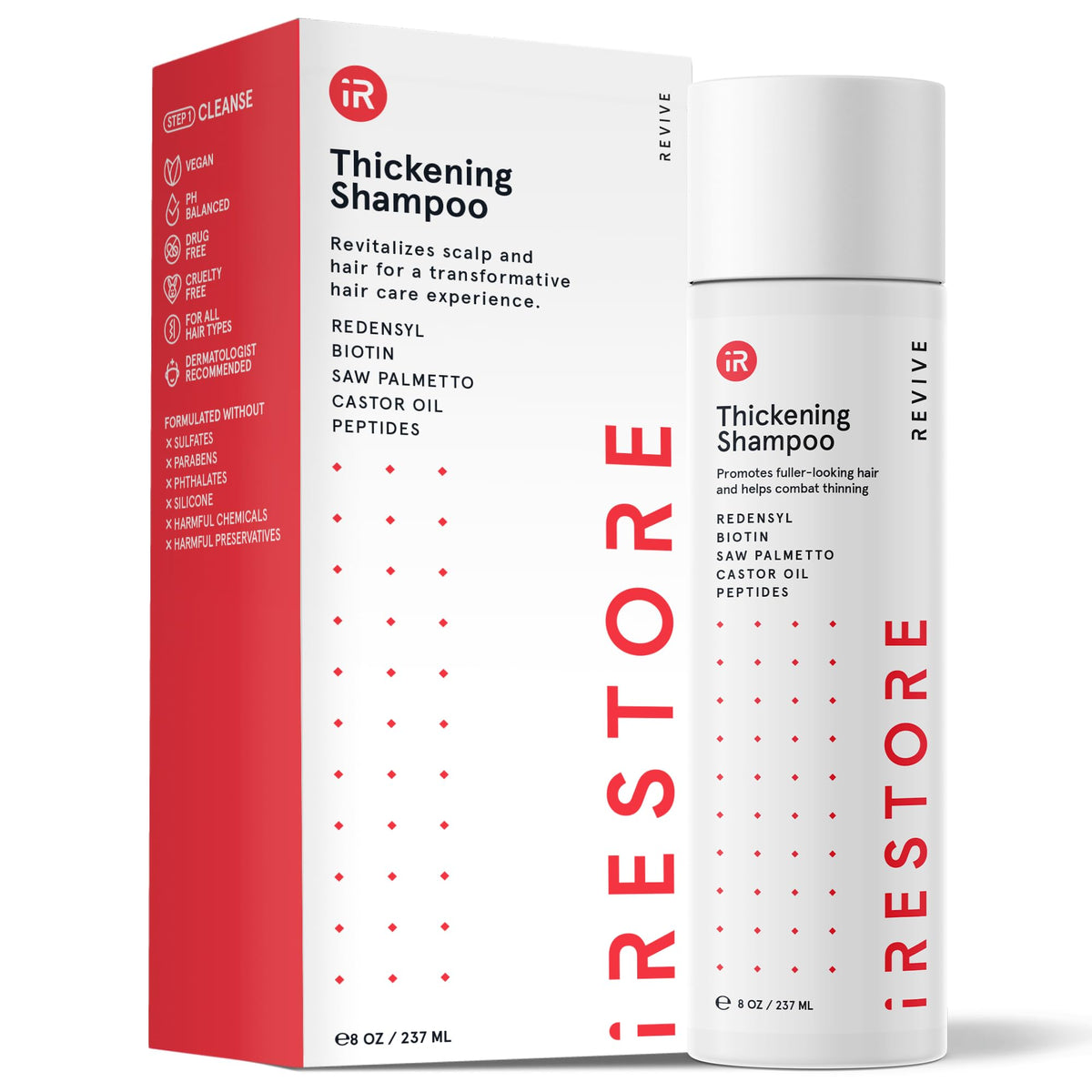 iRestore anti-hair-loss shampoo bottle highlighting biotin formula for thinning hair control.