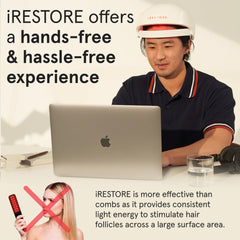 iRestore Essential on-head wear demonstrates comfortable red light therapy sessions.