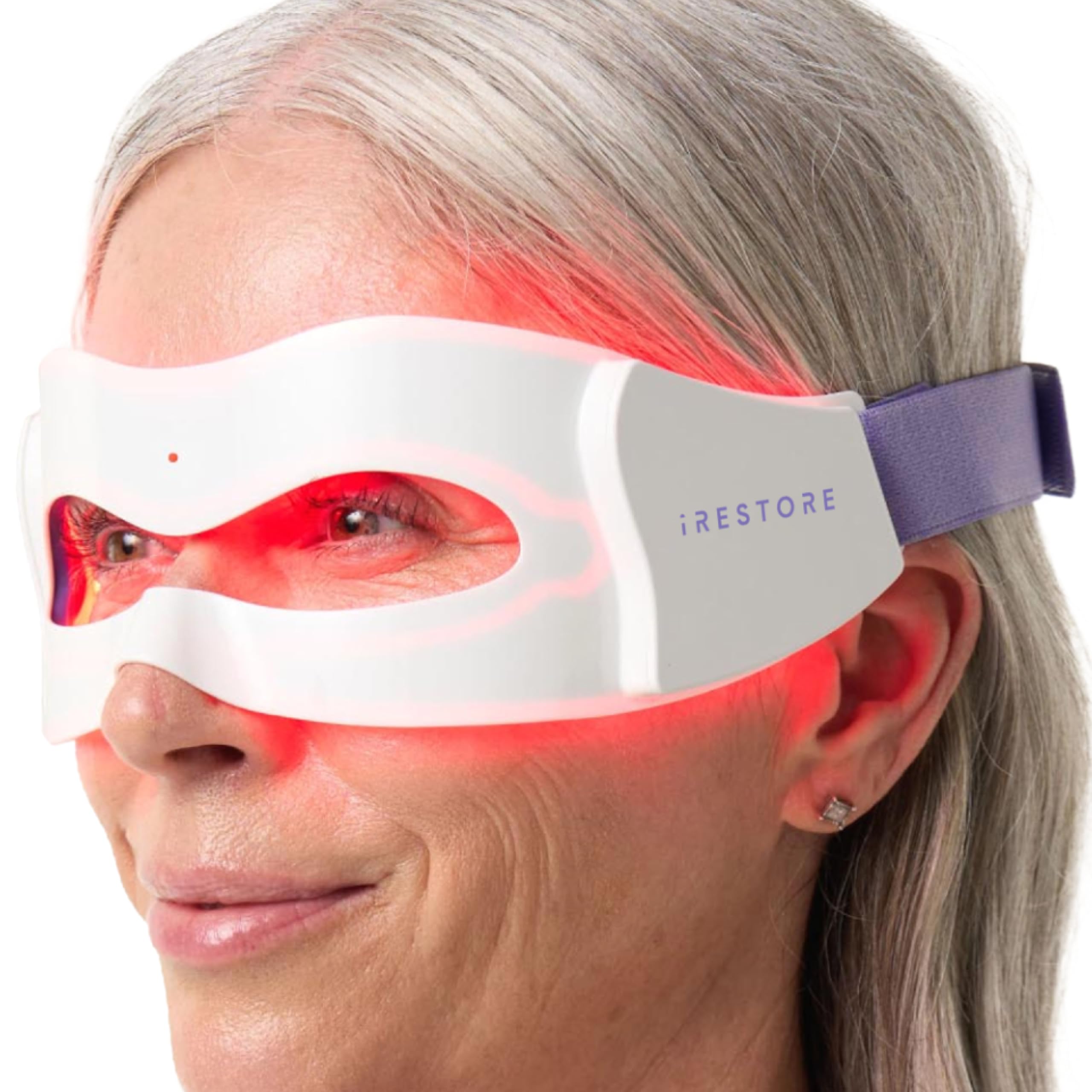 irestore eye mask with 180 LEDs targets the eye area for gentle light therapy.