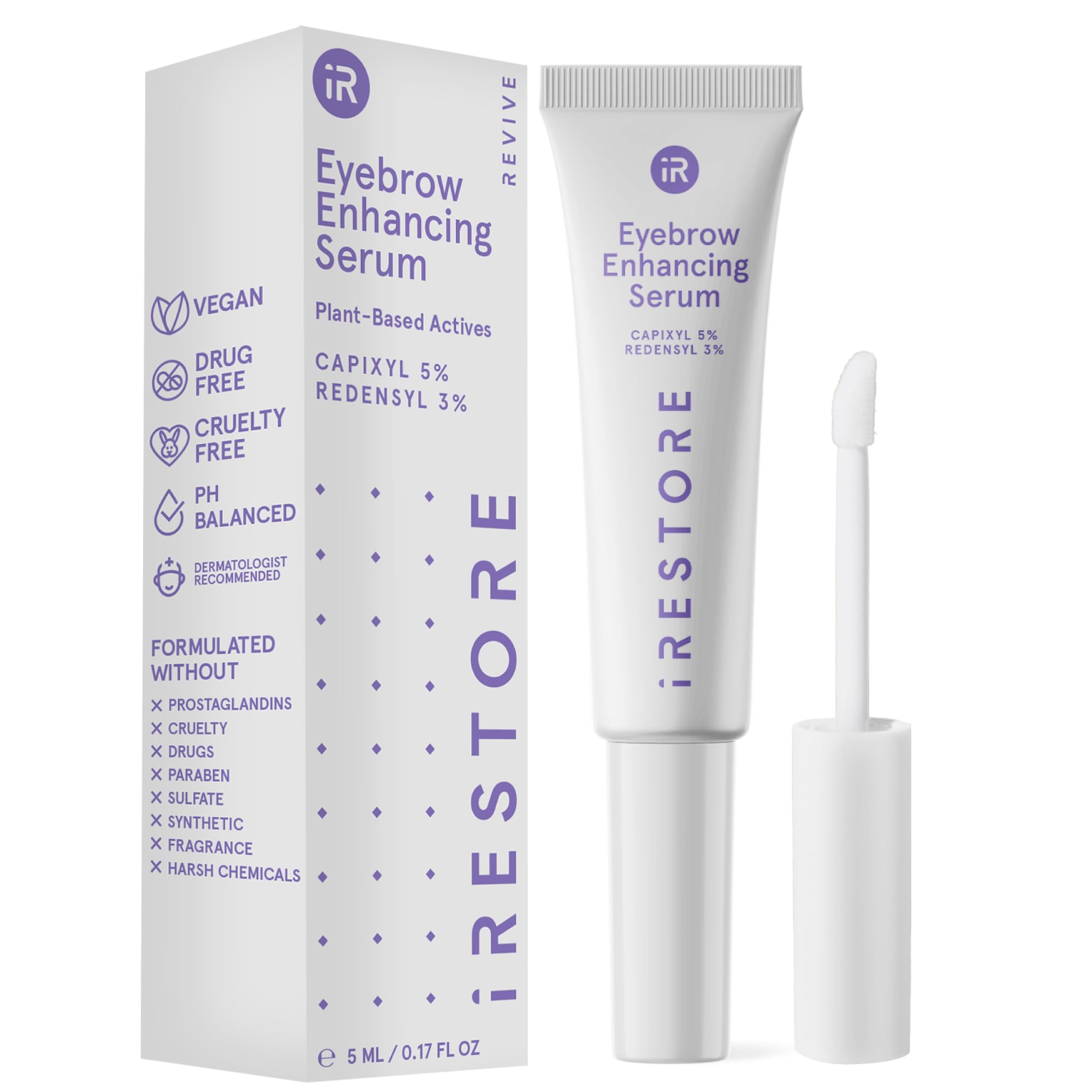 iRestore Eyebrow Growth Serum bottle highlighting vegan prostaglandin-free formula for healthier brows