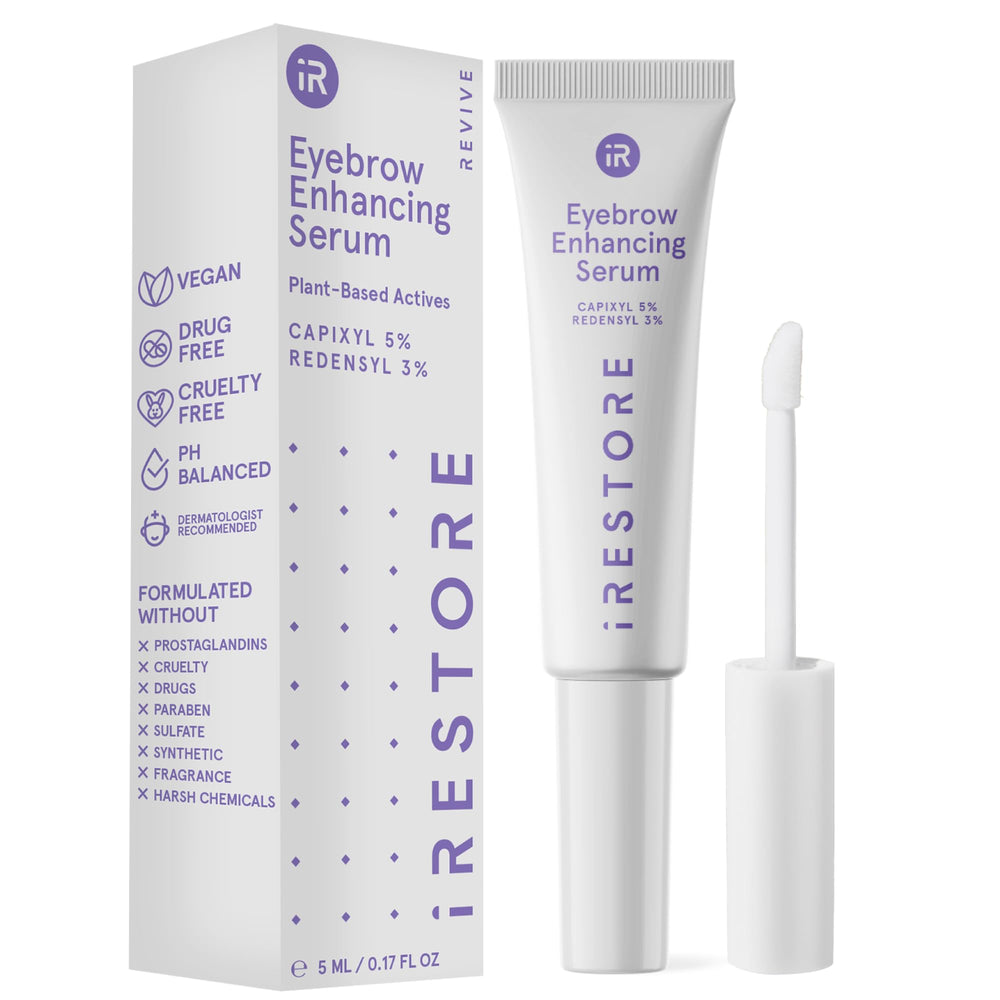 iRestore Eyebrow Growth Serum bottle highlighting vegan prostaglandin-free formula for healthier brows