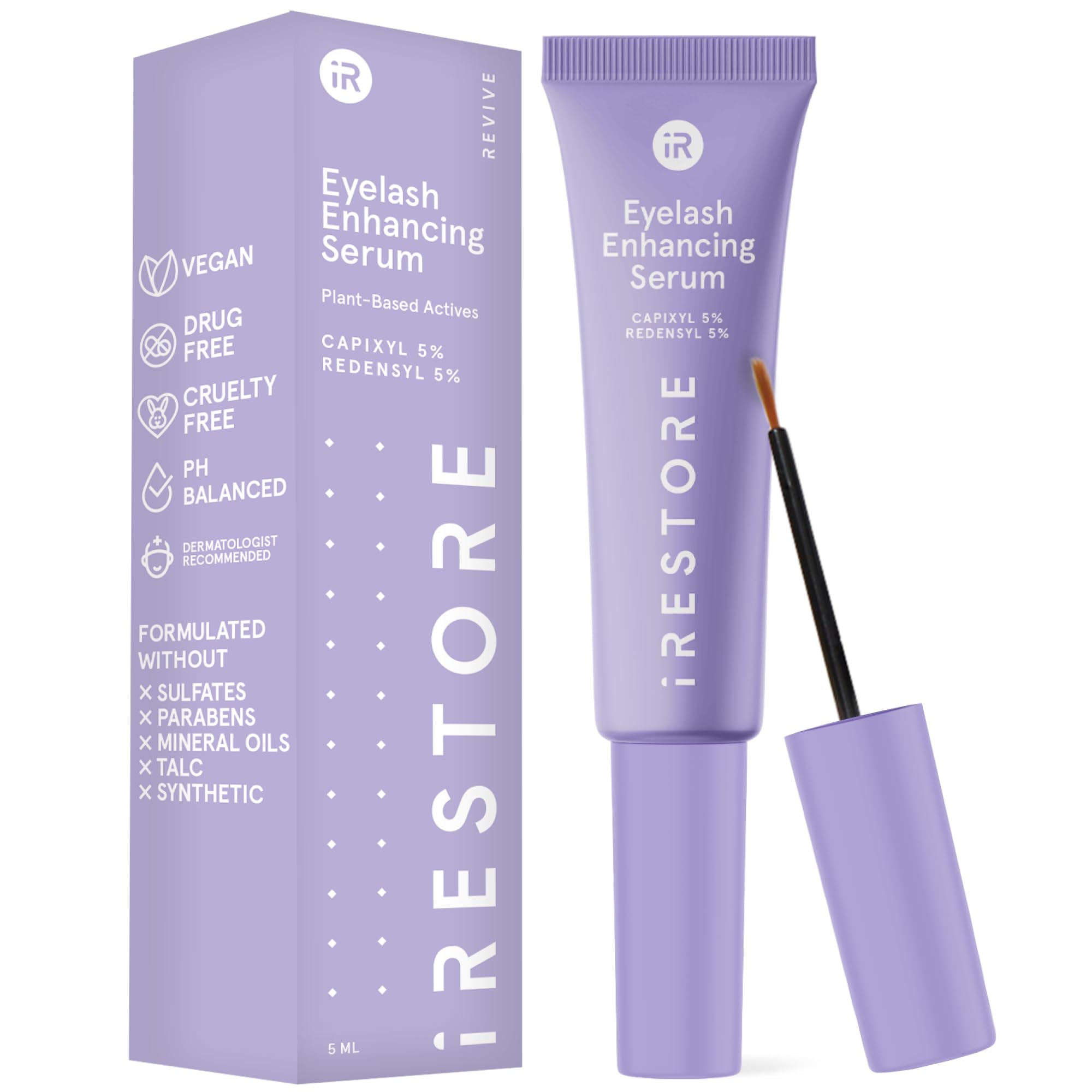 iRESTORE Eyelash Serum bottle front; vegan formula supports lash enhancement.