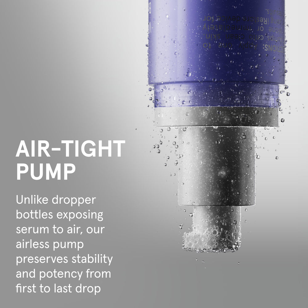 Close-up of iRestore airless pump preserving potency for reliable results