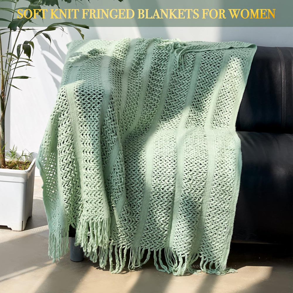 IRINXL soft knit fringed blanket, wraps her in warmth during downtime.