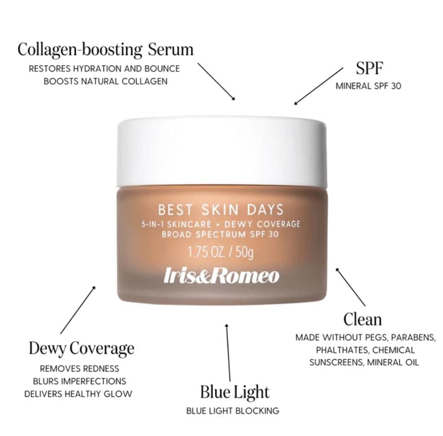IRIS&ROMEO Best Skin Days SPF30 Shade 4 finish closeup highlighting dewy glow.