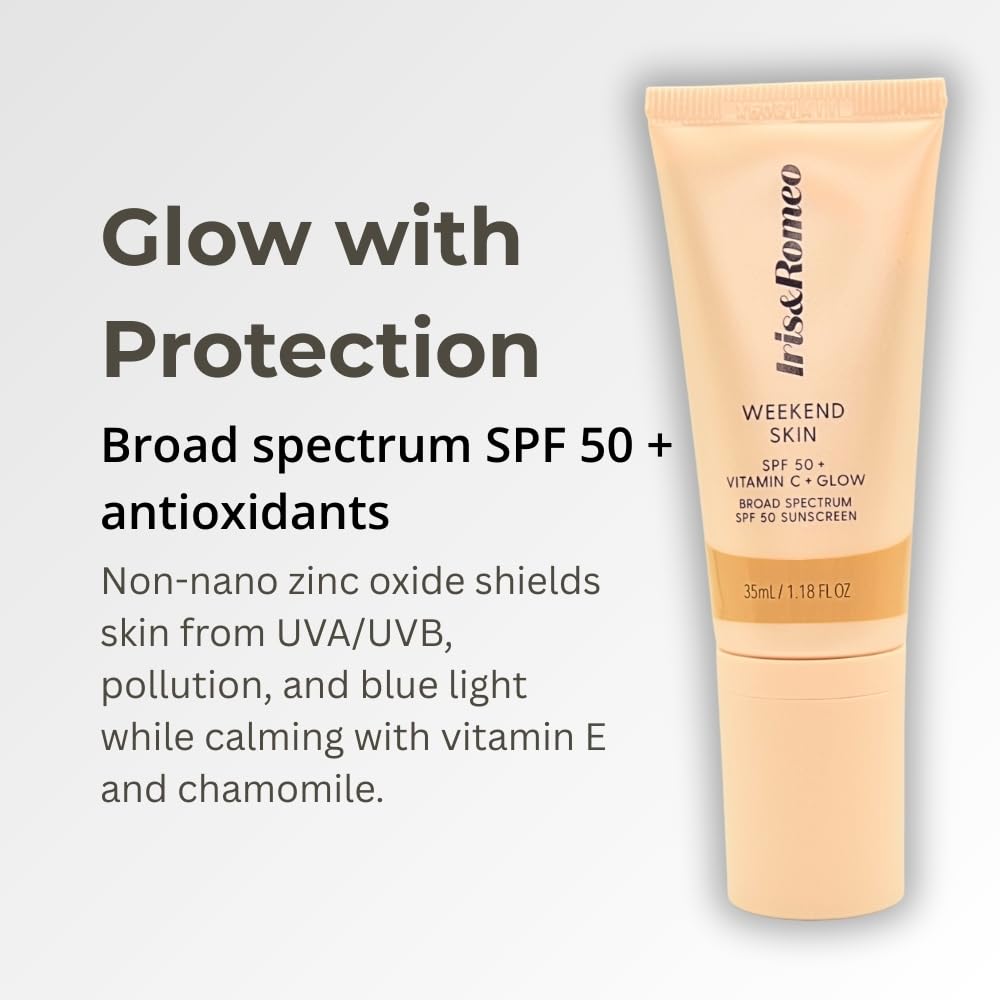 IRIS&ROMEO Weekend Skin SPF50 applies as a lightweight tinted primer.