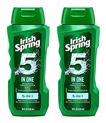 Irish Spring 5-in-1 bottle conveys outdoor-fresh scent energizing mornings.