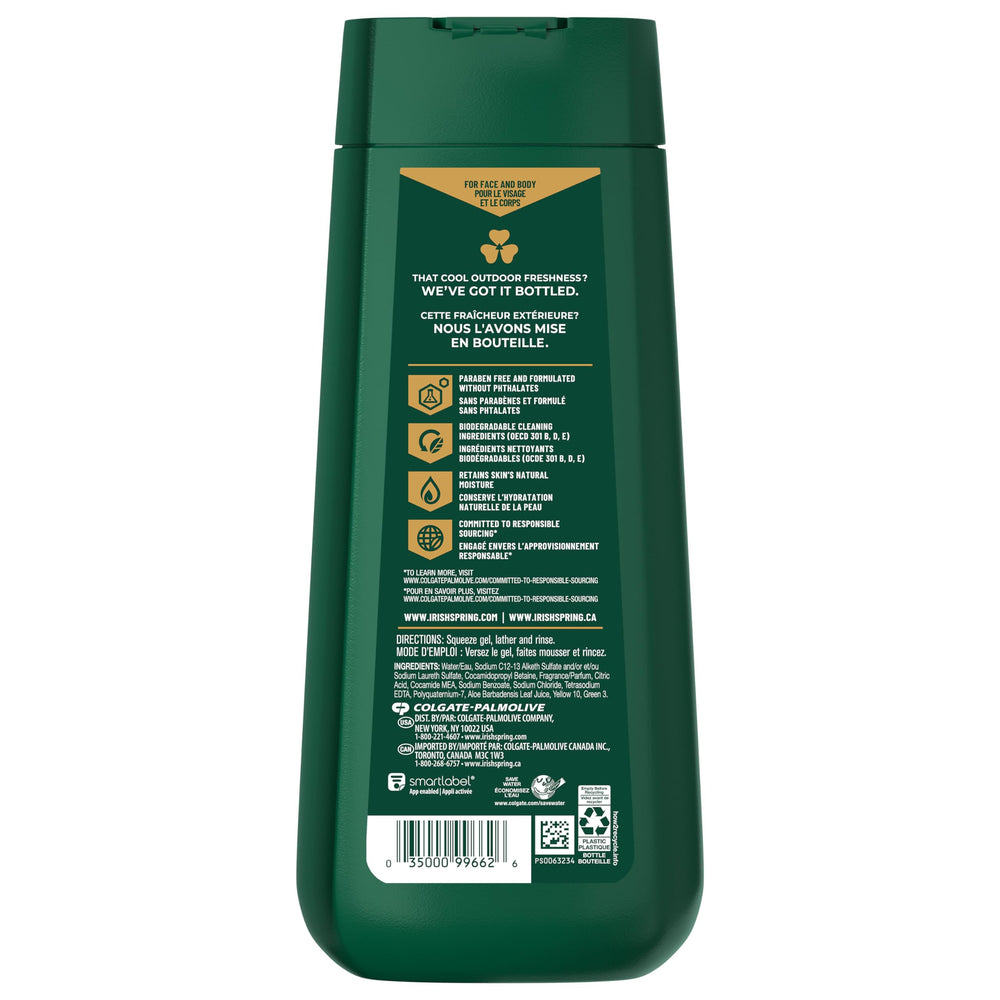 Biodegradable cleansing ingredients emphasize eco-friendly Irish Spring Aloe Mist.