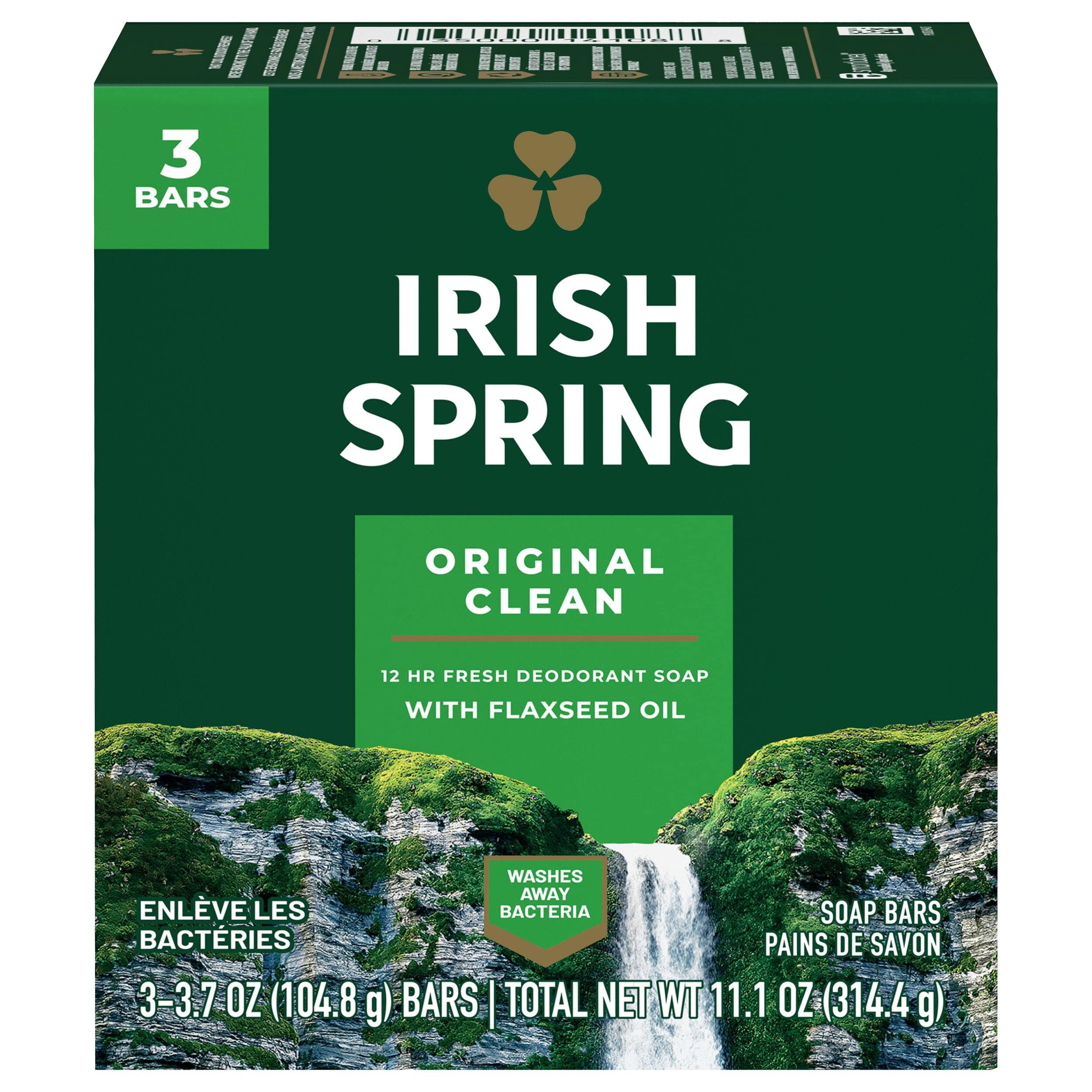 Irish Spring Original bar soap unwrapped, crisp freshness for daily use