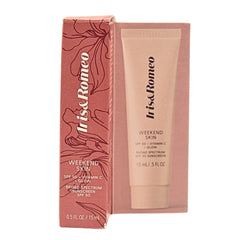 IRIS&ROMEO Mini Weekend Skin SPF 50 bottle glows with mineral protection and a sheer tint.